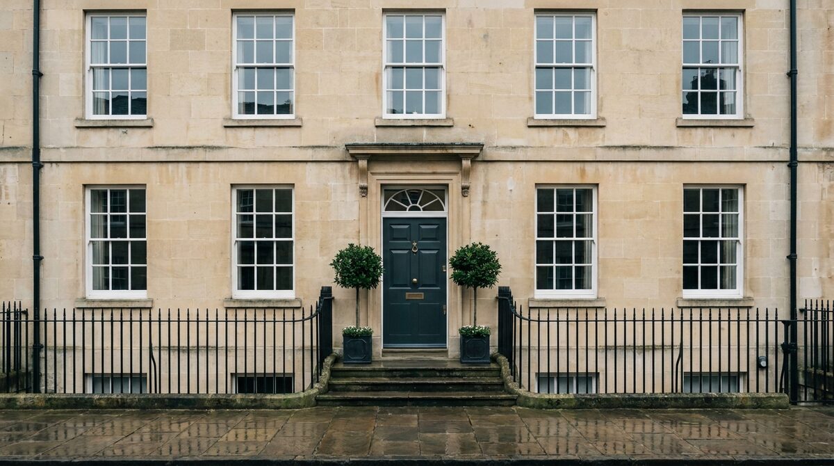 The Wetherby clinic: a Georgian limestone townhouse with a dark teal front door and clipped bay trees